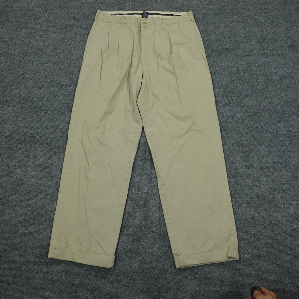 Polo Ralph Lauren Jeans Mens 35x32 Khaki Pleated Chino Cotton Cuffed Casual